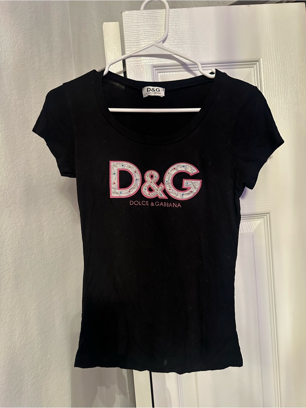 Dolce & Gabbana Black Tee with Pink-Edged Sparkle D&G Logo